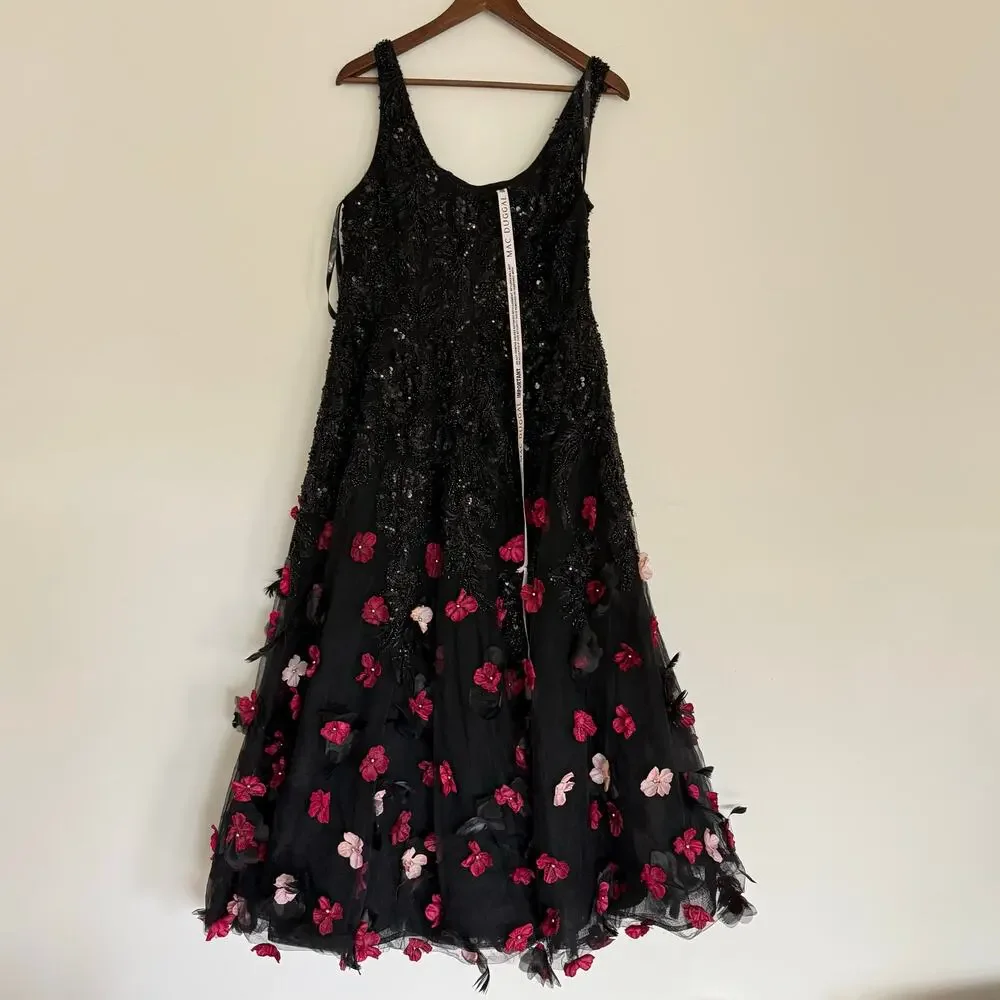 NEW Mag Duggal Sequin Floral Appliqué 3D FlowersBlack Midi Dress Size 10 - Picture 10 of 15
